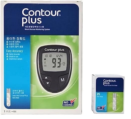 Contour Plus Blood Glucose Monitoring System Glucometer with 75 Strips (Pack of 25 + 50 Strips), Multicolour