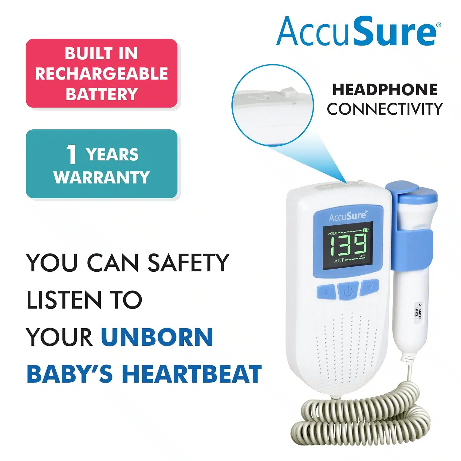AccuSure Fetal Doppler for Doctors and Mothers Fetal Heart Rate Monitor with Charging and LCD Display