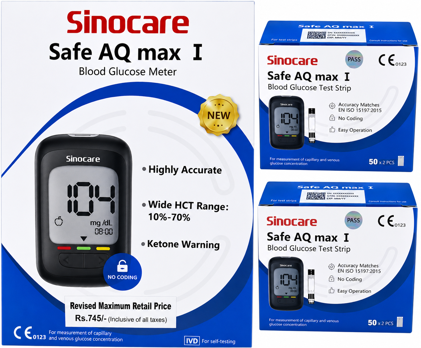 Sinocare Safe AQ Max I Glucometer Kit with 100 Test Strips